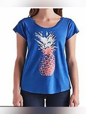 Lucky Brand Blue Pineapple Graphic Scoop Neck Women’s Top